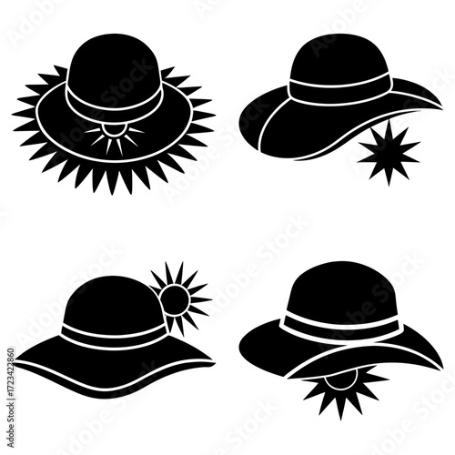 Four black silhouette images of sun hats with wide brims and decorative sunbursts on a white background
