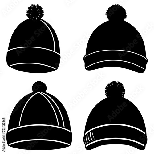 Illustration of four black winter hats with pom poms and a white band around the brim on a white background