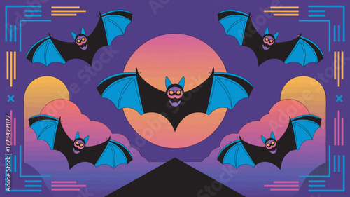Eerie Bats Silhouetted Against a Gradient Moon Halloween Backdrop with Geometric Accents