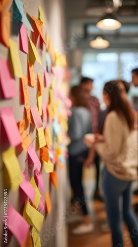 Sticky Notes of Innovation: A wall covered in colorful sticky notes in a collaborative workspace symbolizing the brainstorming process and the dynamic exchange of ideas. 