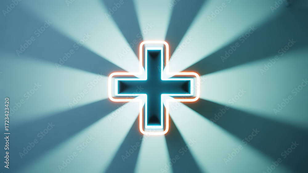 Obraz premium Neon cross symbol with glowing outline and radiant background
