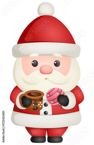 Cute Chibi Santa Claus Illustration with Mexican Concha Bread and Champurrado Hot Chocolate Mug for Christmas Holiday