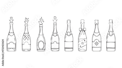Collection of champagne bottles with decorative ribbons and labels hand drawn sketch style silhouette