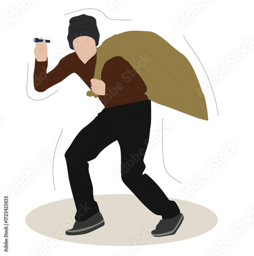 thief carrying a sack. Criminal businessman in mask on the eyes carrying big sack with money on his back. 