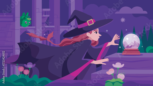 Enchantress with Crystal Ball in Purple Landscape Illustration with Green Creature Friend