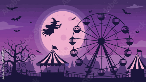 Eerie Amusement Park Scene with Witch Flying Past the Moon for a Halloween Night Design