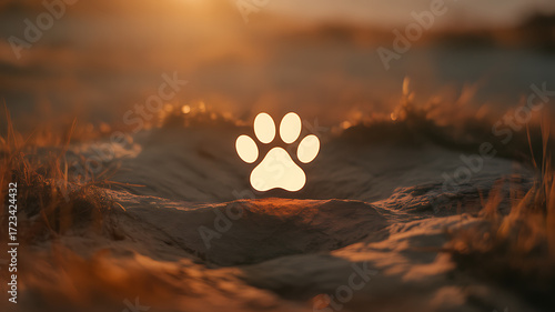 Fototapeta Naklejka Na Ścianę i Meble -  Glowing paw print in sand at sunset, illuminated by warm golden light