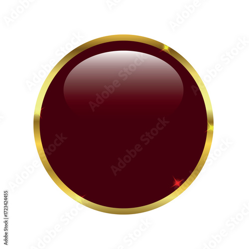 glossy red circular button with reflective surface and shiny golden border isolated on white background
