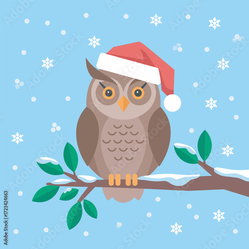 Grumpy Owl Wearing a Santa Hat Perched on a Snowy Branch in a Winter Wonderland Scene
