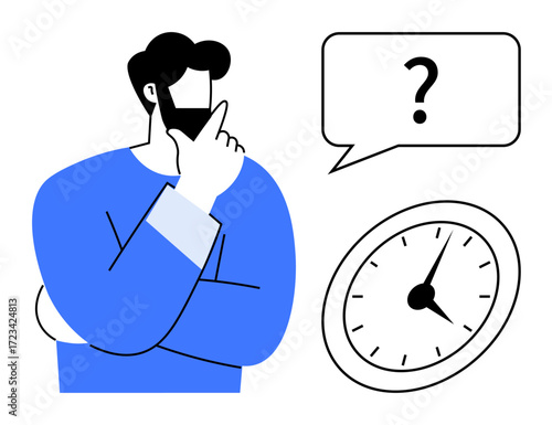 Thoughtful man pondering, speech bubble with a question mark, clock indicating time awareness. Ideal for self-reflection, problem-solving, time management, decision-making, planning, productivity