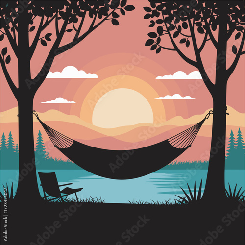 Peaceful Hammock Scene at Sunset by Lake with Trees Silhouette and Empty Chair