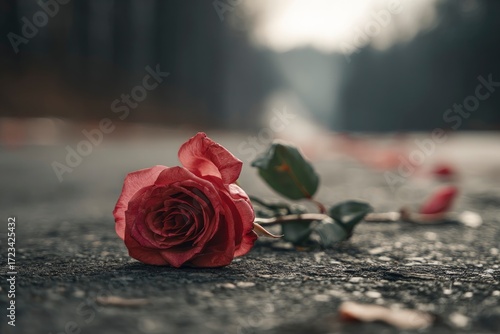 A single dark red rose lies on a cracked grey surface with scattered petals and blurred background