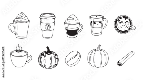 Hand drawn fall coffee drinks pumpkins and beans autumn seasonal collection silhouette