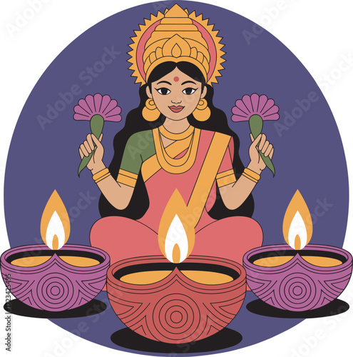 Goddess Lakshmi Illustration with Lotus Flowers and Lit Oil Lamps for Diwali Festival Design