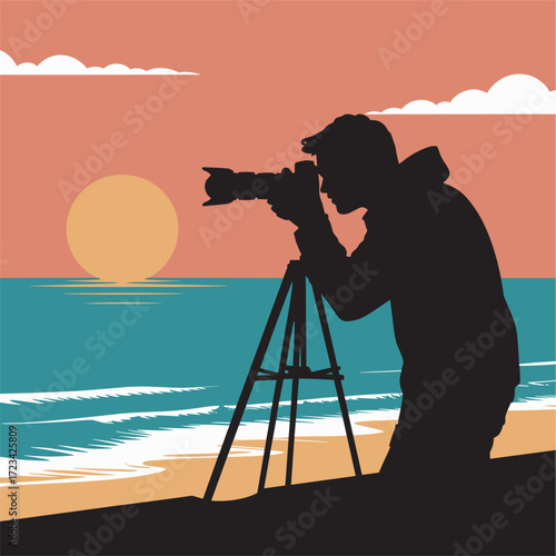 Silhouette Photographer Capturing Sunset Scenery on Beach with Tripod and Camera Lens Focus