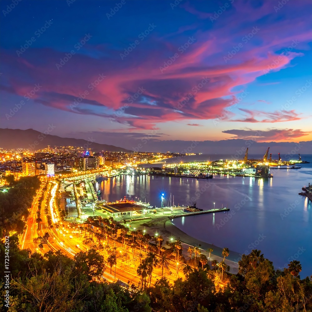 Naklejka premium City skyline at twilight over harbor