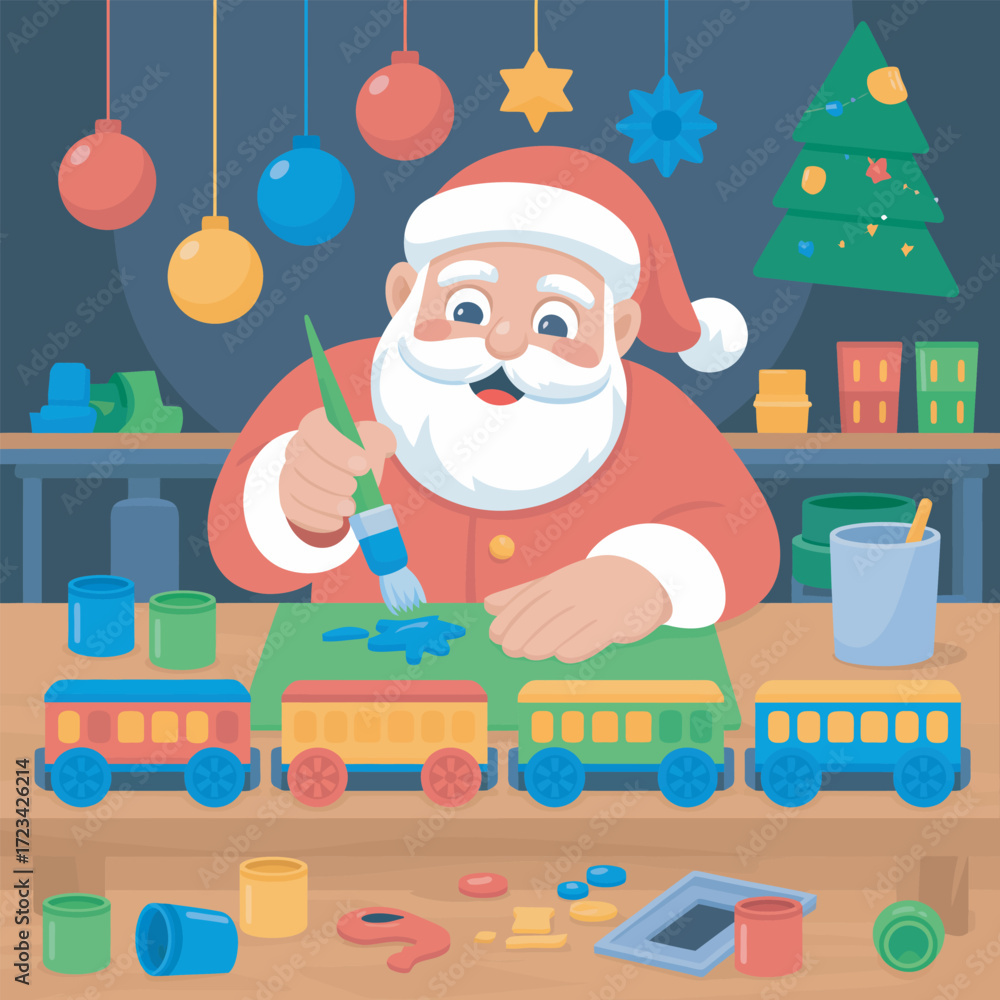 Naklejka premium Santa's Workshop Scene with Toy Trains and Ornaments Illustration for Holiday Projects