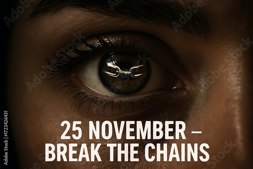 Close up of a human eye reflecting the text 25 november break the chains