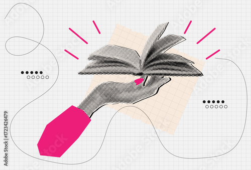 Trendy halftone collage hand with floating book, study and education concept,cut out elements from paper