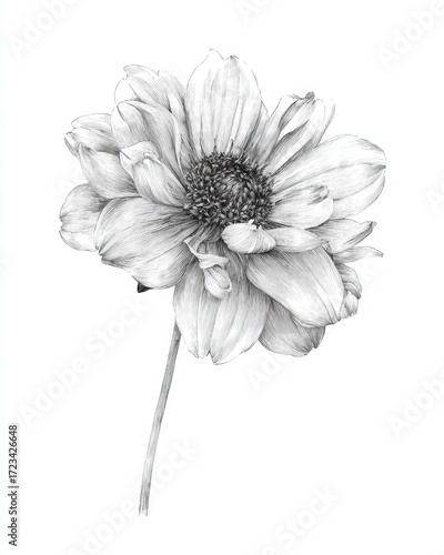 Dahlia in Bloom: A delicate, meticulously detailed drawing of a dahlia flower, capturing its intricate layers and textures in stunning detail.