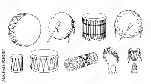 Collection of diverse hand-drawn percussion instruments showcasing various drum styles and designs silhouette