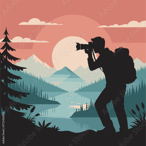 Silhouette of Photographer with Backpack Taking Pictures in Mountain Landscape Scene