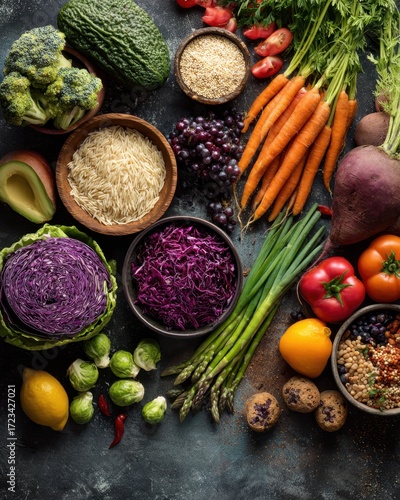 Vibrant Fresh Vegetables: An array of colorful, fresh vegetables and fruits artfully arranged on a dark, textured surface, the image evokes a sense of health and natural goodness. 