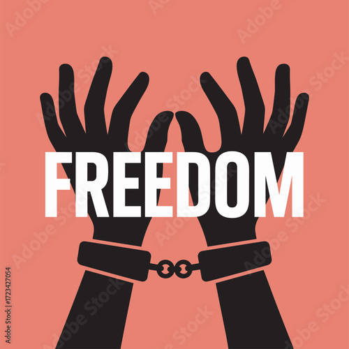Symbol of Freedom with Broken Chains on Hands and Bold Typography on Coral Background