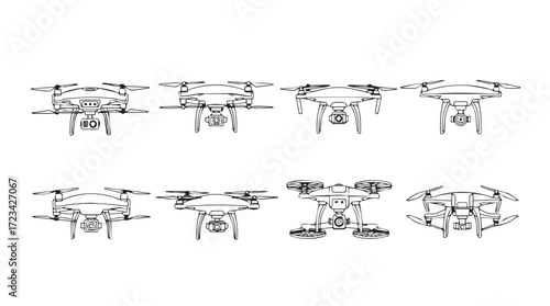 Collection of drones in detailed line drawings showing various angles and configurations for aviation concepts silhouette