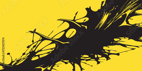 Bold yellow background features dynamic black brushstrokes and halftone dots creating a striking and modern graphic design element. vector eps10