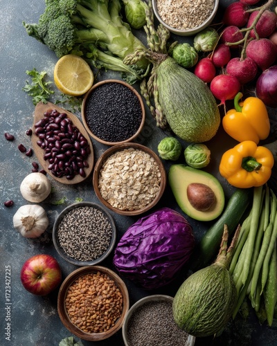 Nutrient Abundance: A vibrant assortment of wholesome, fresh, and organic fruits, vegetables, grains, and legumes elegantly arranged, highlighting the essence of healthy eating and well-being.