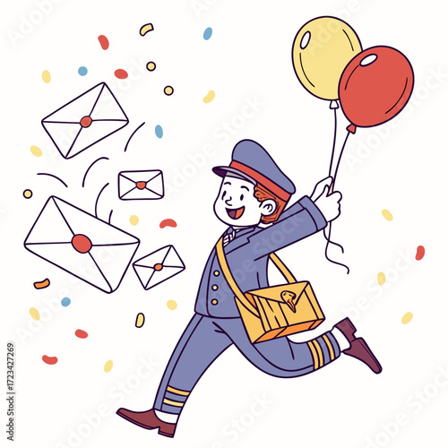 Joyful mail carrier delivering happiness with balloons and letters, spreading cheer and anticipation with every step in this delightful scene