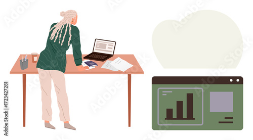 Woman leaning on a work desk analyzing documents and laptop screen. Nearby, graphical representation of statistics. Ideal for business, productivity, analysis, planning, teamwork, research data