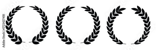 Set of black circular laurel wreath. Emblem floral Greek branch of oak leaves, eucalyptus leaf, Wheat, winner award, champion medal, swirls, twigs and flower ornaments vector