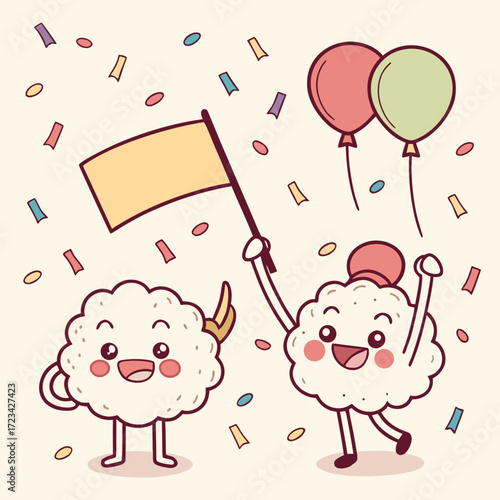 Celebrate Success with Adorable Cartoon Characters, Balloons, and Confetti for Festive Occasions and Joyful Events, originally scalable vector graphics