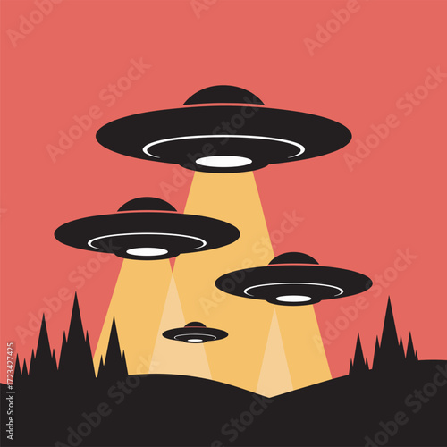 UFO Invasion Over Forest with Beams of Light on Red Background Illustration