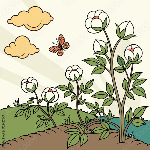 Delightful cotton field illustration with a charming butterfly fluttering in the sky, perfect for nature-themed projects and educational resources