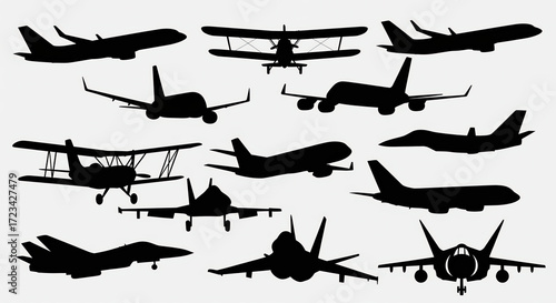Black Silhouettes of Airplanes in Various Designs and Shapes, presenting a diverse aircraft collection