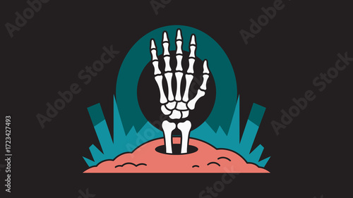 Eerie Undead Hand Emerging from Grave with Teal Accents on Dark Background Illustration