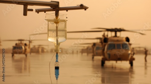 Medical Care Setup on Helicopter Pad at Sunrise with Aircraft