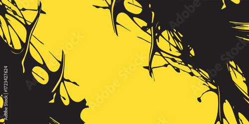 Bold yellow background features dynamic black brushstrokes and halftone dots creating a striking and modern graphic design element. vector eps10