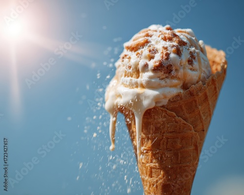 Sweet Indulgence: A creamy scoop of ice cream melting gracefully in a crispy waffle cone, a perfect treat on a sun-kissed day, offers a moment of pure bliss.