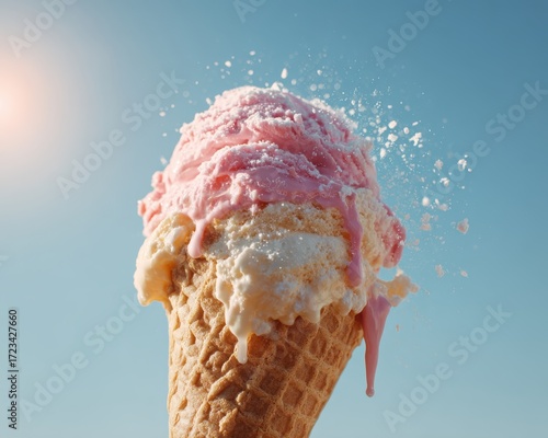 Sweet summer treat: An appealing ice cream cone, melting and oozing in the bright sunshine, its vibrant colors contrasting against a clear, cloudless sky.