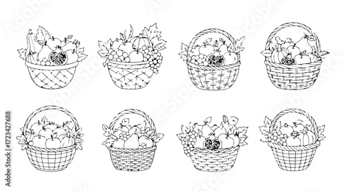Collection of artistic hand drawn wicker baskets filled with various objects and flowers silhouette