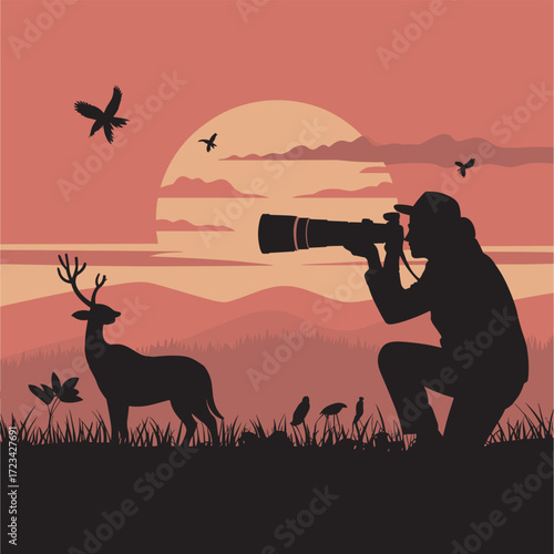 Wildlife Photographer Silhouette Capturing Deer and Birds in Natural Environment