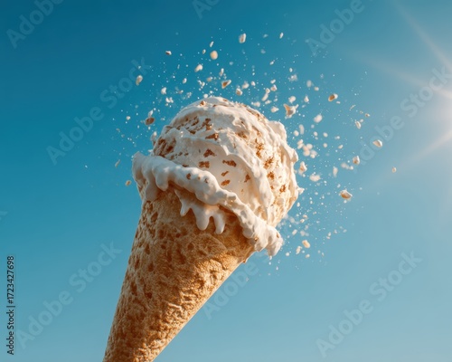 Sweet Summer Bliss: A close-up shot of a single ice cream cone, with creamy scoops and crunchy toppings, set against a bright blue sky. This captures the essence of a warm summer day.