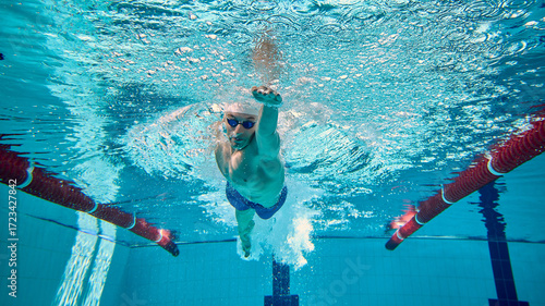 Swimmer underwater freestyle stroke captured with bubbles and intensity. Concept of motivational posters, professional fitness promotion, sports advertising, education, and rehabilitation contexts.