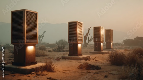 Futuristic Air Purifiers in Desert Landscape at Golden Hour