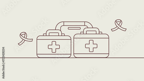 Illustration of three first aid kits with crosses and ribbons on a light background surface line art