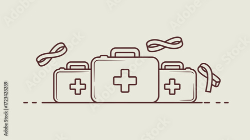 Three outlined first aid kits with crosses and ribbons floating around on a light beige background color